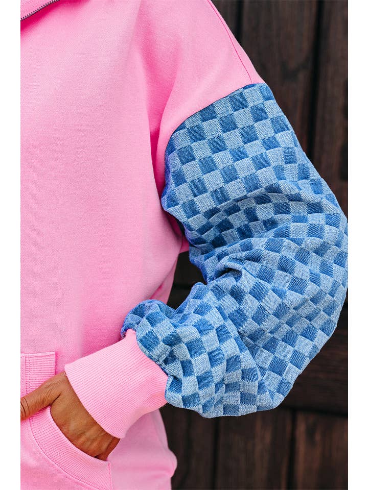 Bonbon Checker Patchwork Kangaroo Pocket Half-Zip Hoodie for wholesale on Faire3