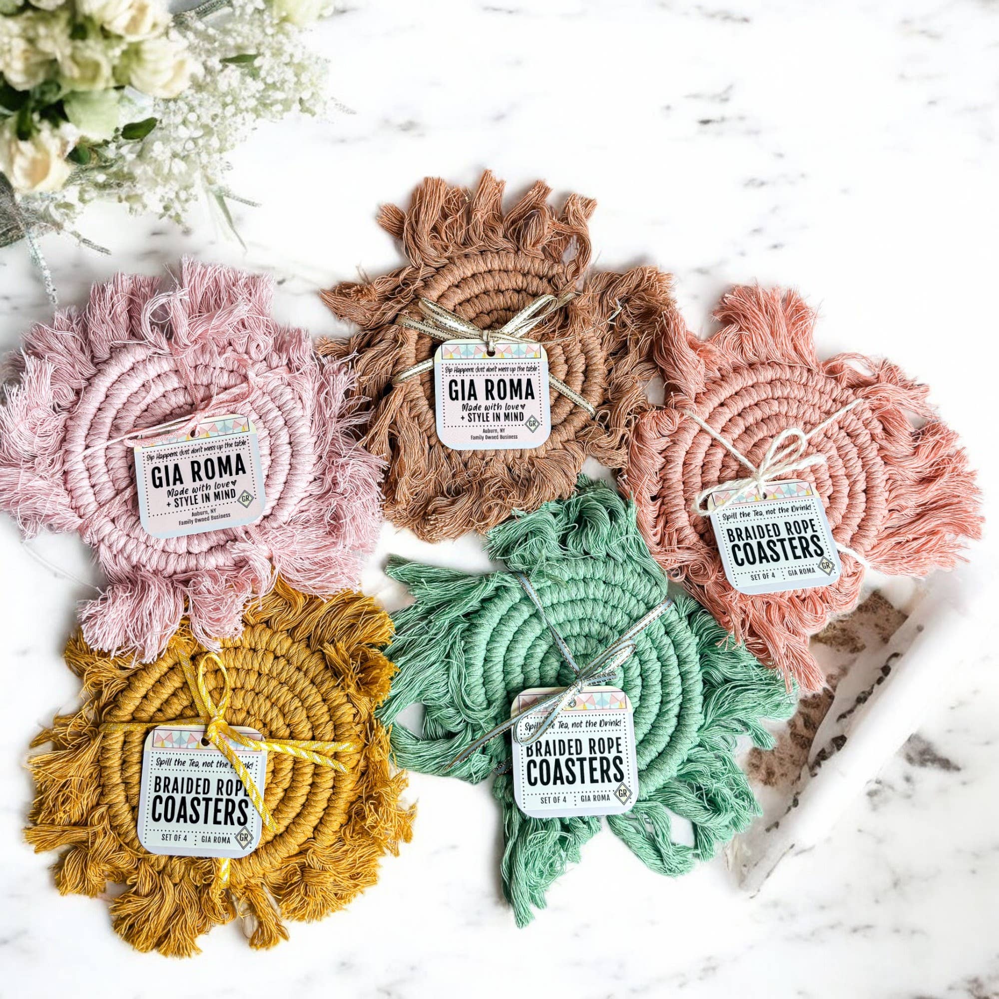 Gia Roma – Objeto de mesa decorativo por atacado – Porta-copos de algodão com tassel em tons pastéis, decoração de mesa para primavera e Páscoa6