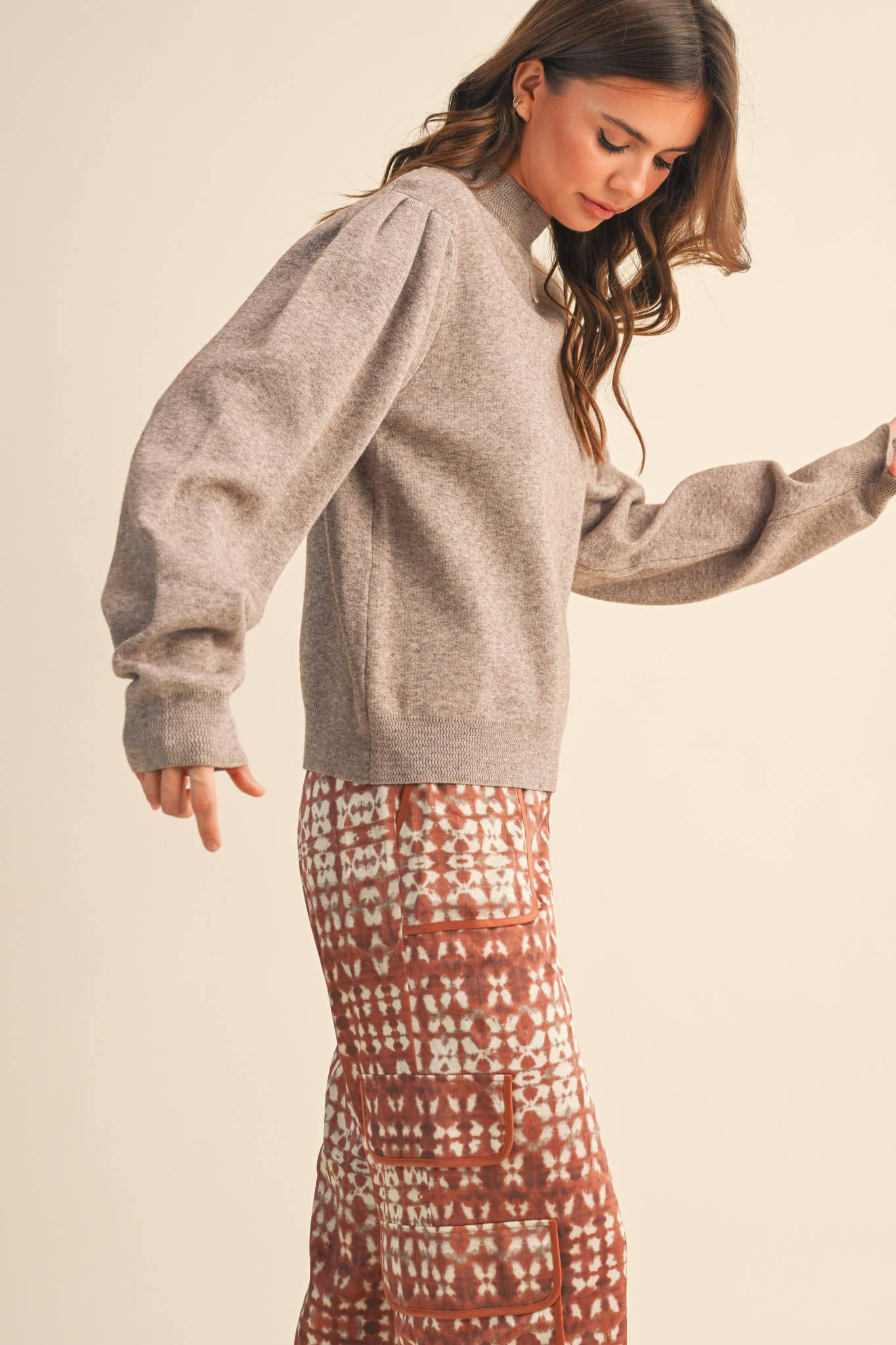 &MERCI - Wholesale Knit Sweater - Women's - MOCK NECK PUFF SLEEVE SWEATER MSW110309