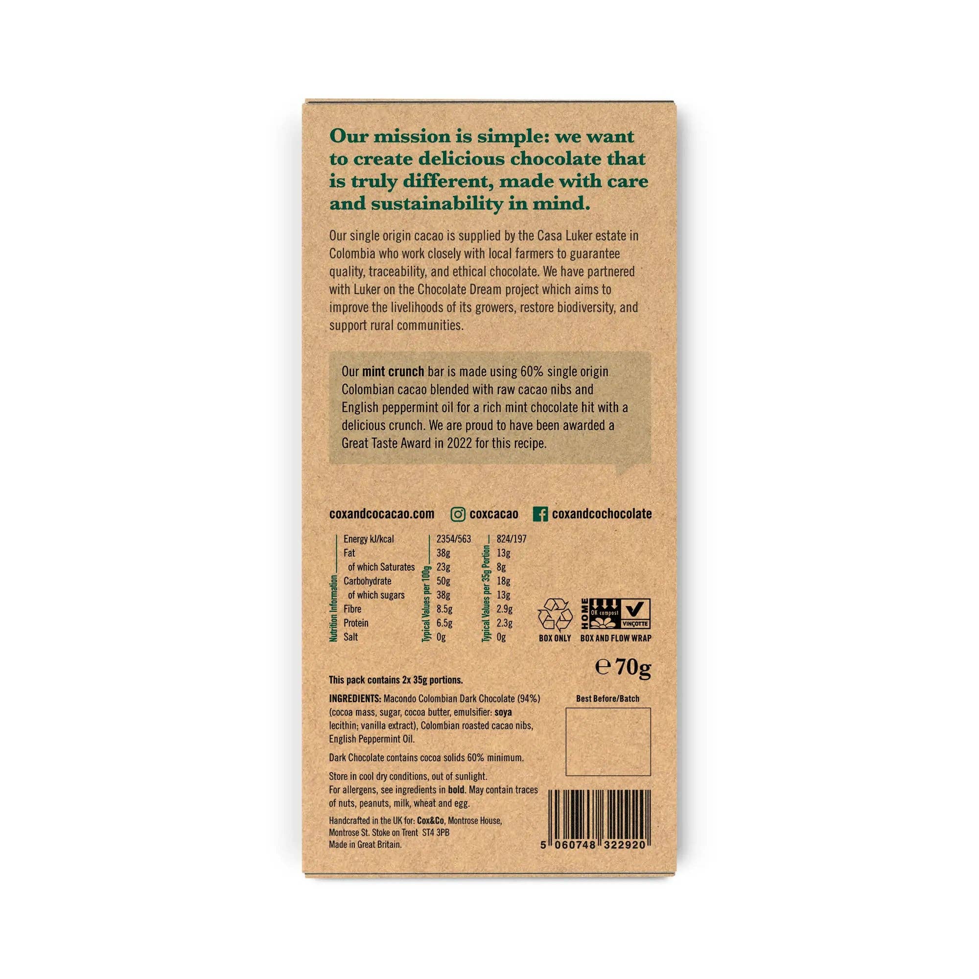 Cox&Co – wholesale Chocolate bar – Mint Crunch 60% Dark Chocolate bar - 70g2