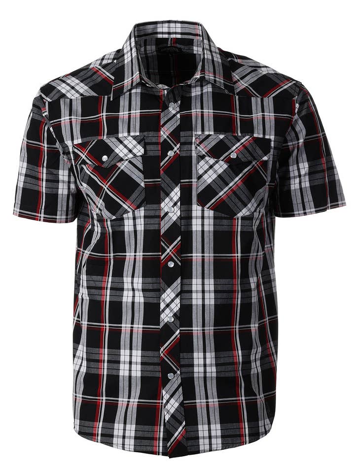 b-one inc - Wholesale Buttoned-down shirt – Men's - Men's Pearl Snap Button Down Plaid Short Sleeve Western Shirt12