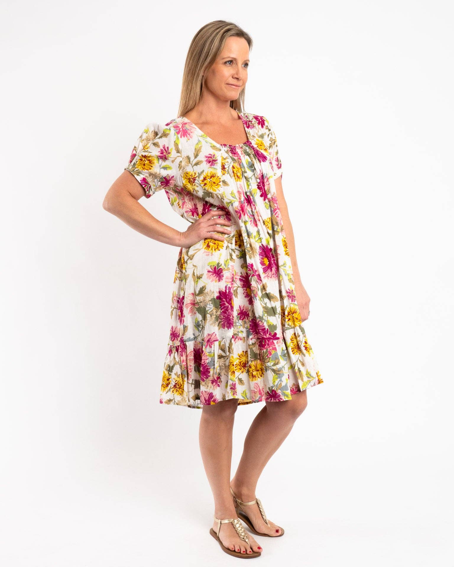 Mozaic by Euro Dreaming – wholesale Dress – Women's – Cap Sleeve Summer Dress In Fuchsia Lime Garden0