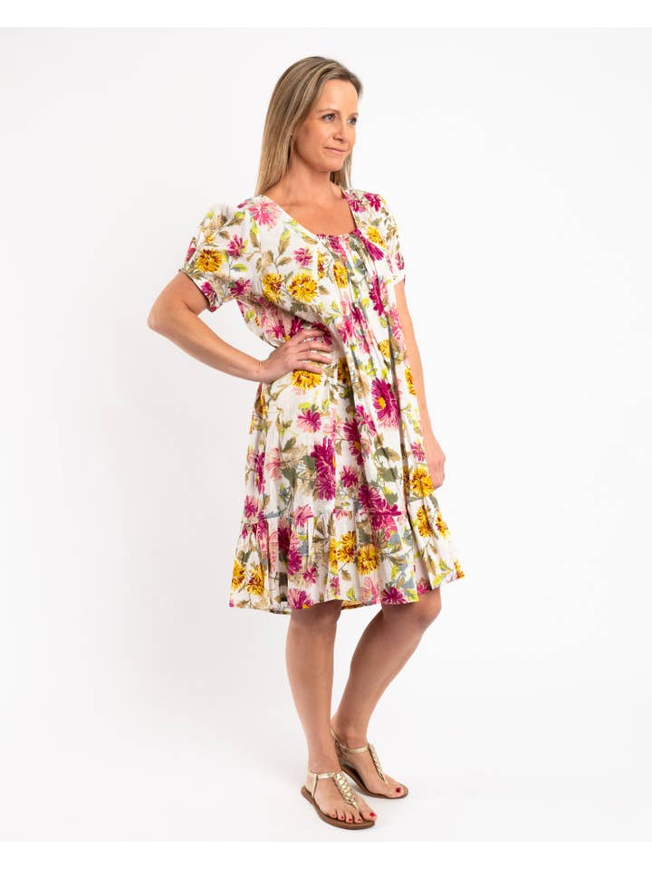 Mozaic by Euro Dreaming – wholesale Dress – Women's – Cap Sleeve Summer Dress In Fuchsia Lime Garden