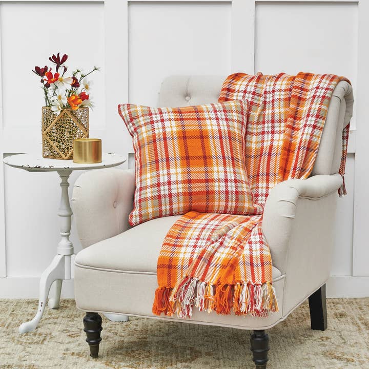 Fall/Harvest Briar Orange Plaid Throw Blanket for wholesale by C&F Home