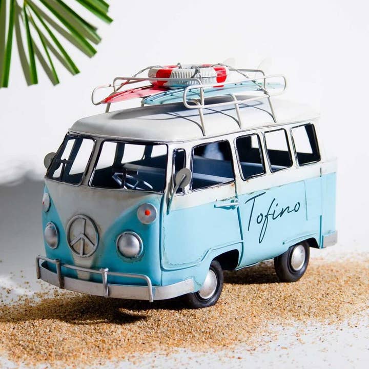 Jouet Van Surf VW Tofino rétro avec planches et bouée pour la vente par Luxe Lumber Co.
