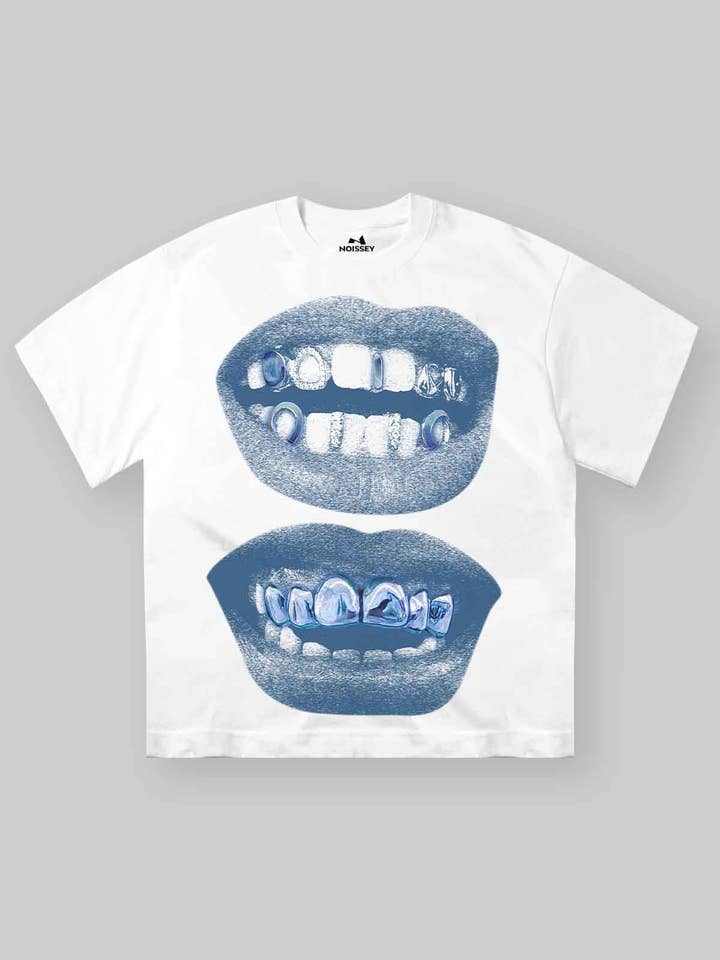 High-Quality Retro Blue Lips Grills Print 350g T-Shirt for wholesale by NOISSEY