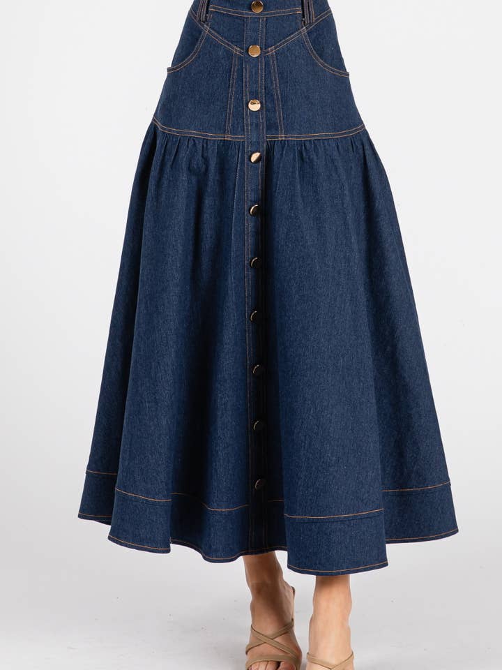 Faldas largas de línea A de mezclilla sólida HS3064-DENIM OSCURO para venta al por mayor de B I G H I T Fashion