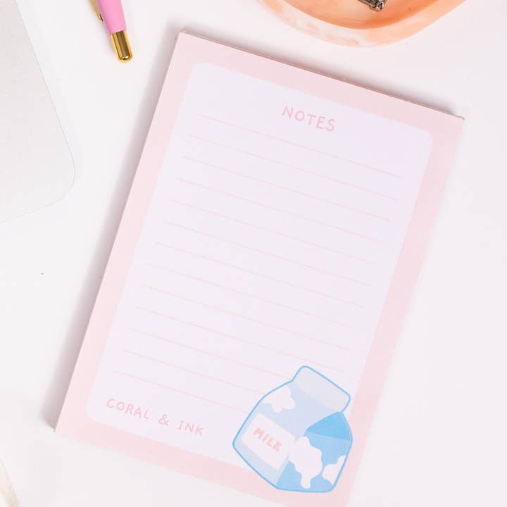 Cute Pink Milk A6 Lined Memo Pad for wholesale by Coral and Ink