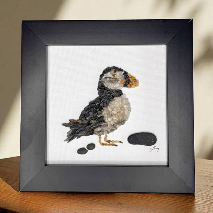 Puffin Bird Mini Mosaic Pebble Art (4x4 Original) for wholesale by Coastal art co.