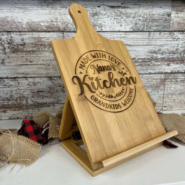 Bamboo Cutting Board Shaped Cookbook Stand for wholesale by Restoration Alley DIY Co