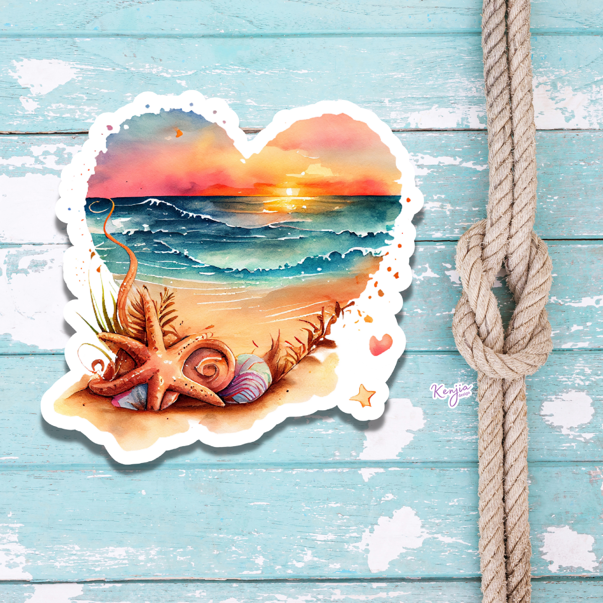 Kenjia Design - Wholesale Sticker - Sunset at the Beach in Heart with Watercolor Effect Stickers4