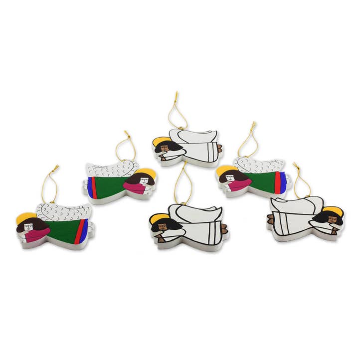 Novica Lot de 6 décorations faites à la main en pin avec anges gardiens pour la vente par NOVICA