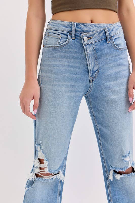 Light Denim 18584RS-LTD-Crossover Button Fly High Rise Dad Jeans for wholesale on Faire4