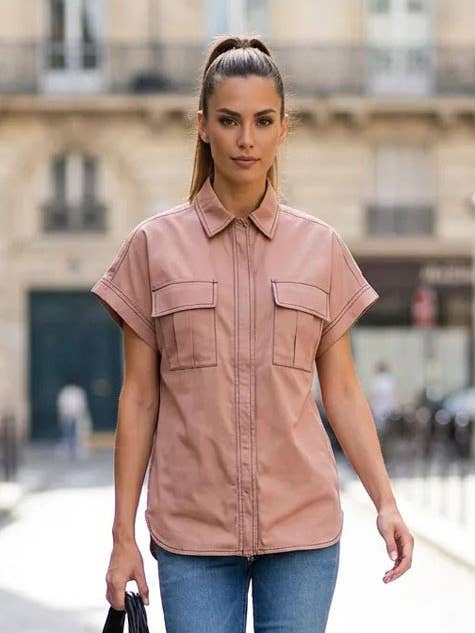 STITCH DETAIL FRONT ZIP UP BLOUSE for wholesale by VAVA by Joy Han