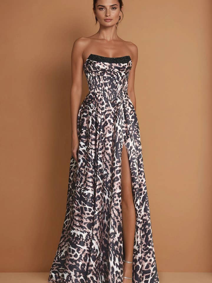 Long Corset Lepord Print Ball Gown for wholesale by Kos Couture