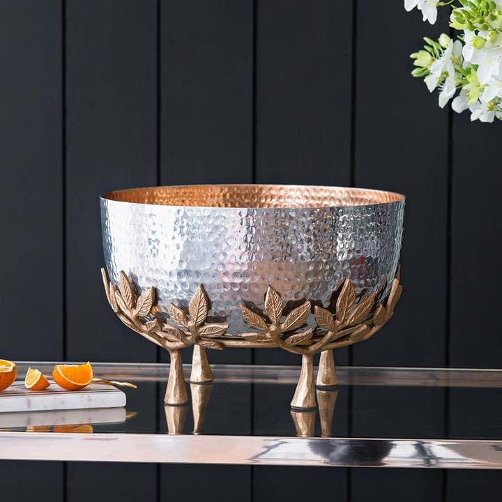 13.5x13.5x9" Hammred Metal Bowl With Floral Stand for wholesale by A&B Home Group Inc.