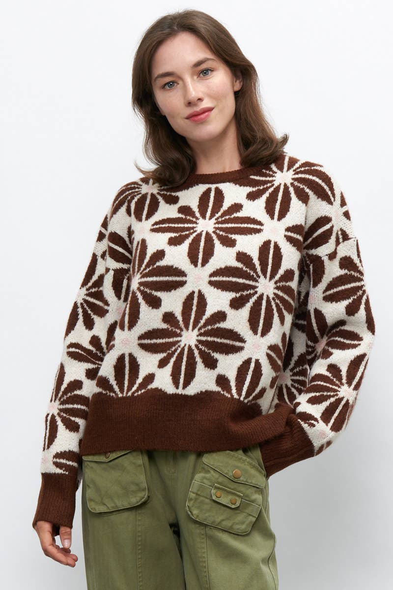 Newbury Kustom - Wholesale Knit Sweater - Women's - 11163-Floral Pattern Crew Neck Sweater2