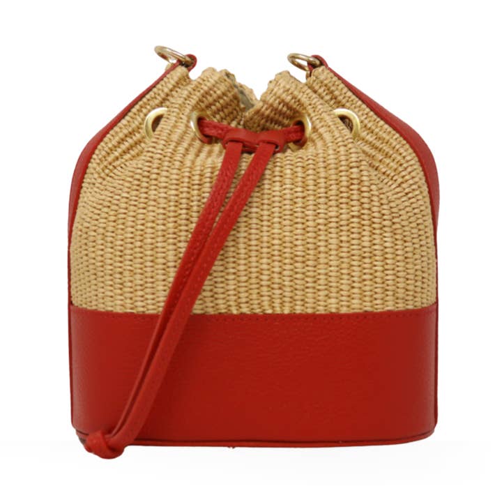 GF2833 GENUINE ITALIAN LEATHER AND RAFFIA BUCKET BAG for wholesale by German Fuentes Handbags