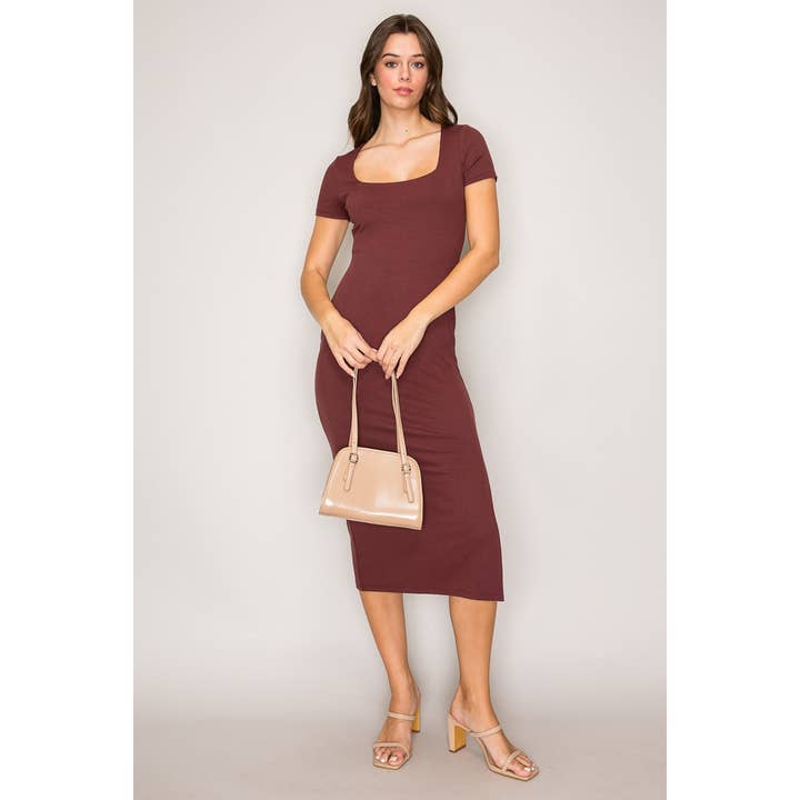 Square Neck Short Sleeve Side Slit Rib Midi Dress for wholesale by Popular 21