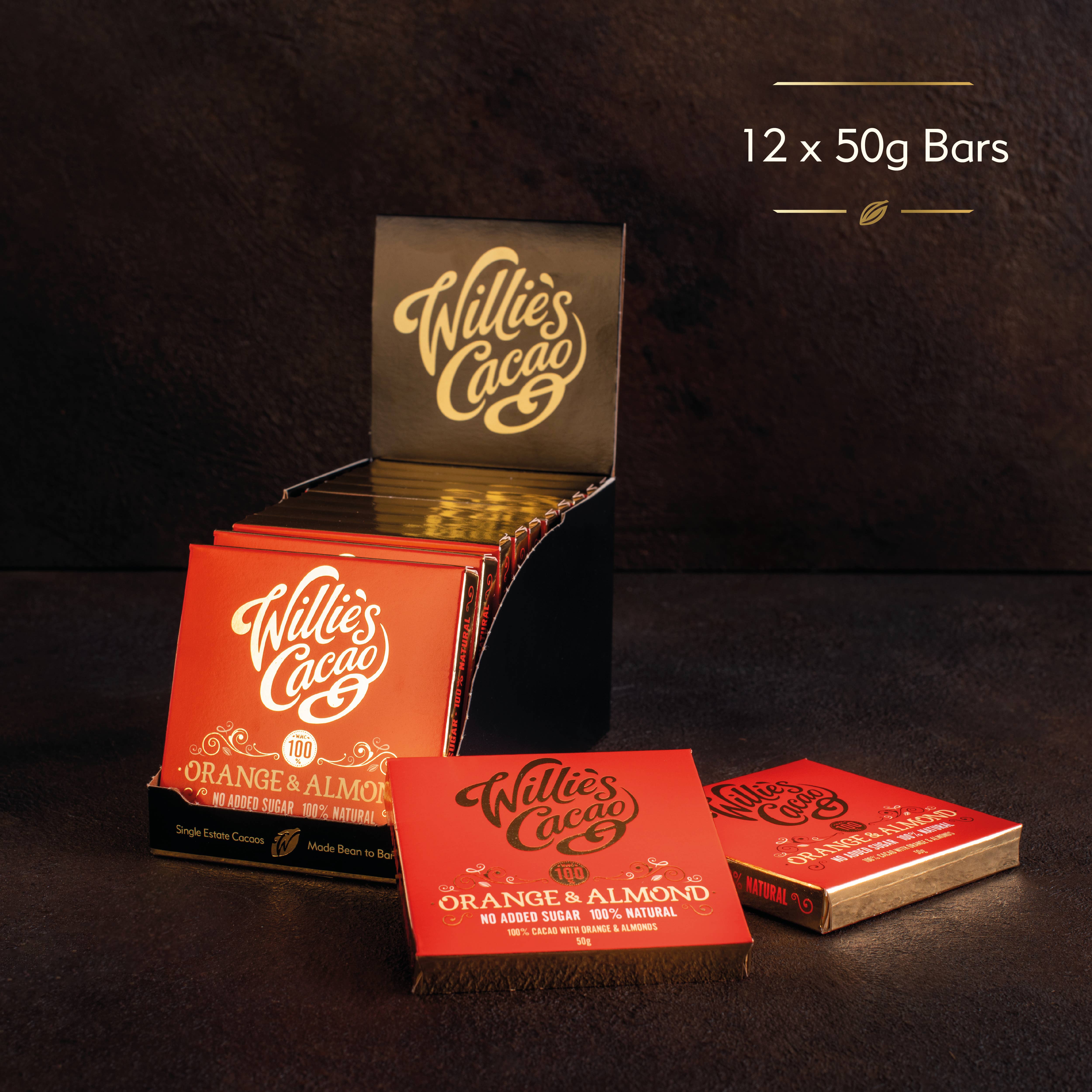 Willie's Cacao – wholesale Chocolate bar – Orange & Almond. 100% cacao. No Added Sugar. Vegan. 50g bar3