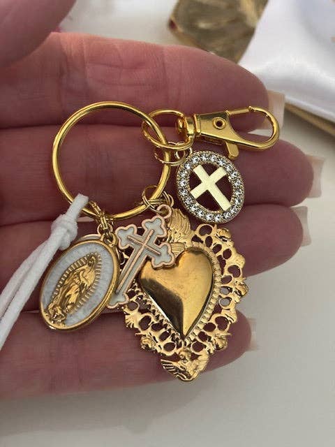 Miss DJ Angel - Wholesale Keychain - Women's - Virgin Mary keychain with sacred heart and cross, gift for virgin mother, miraculous medal virgin charm, ex-voto keychain2