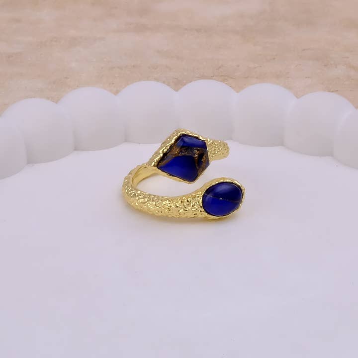 Sapphire Mohave Jade Dual Stone Texture Band Adjustable Ring for wholesale by El Joyero