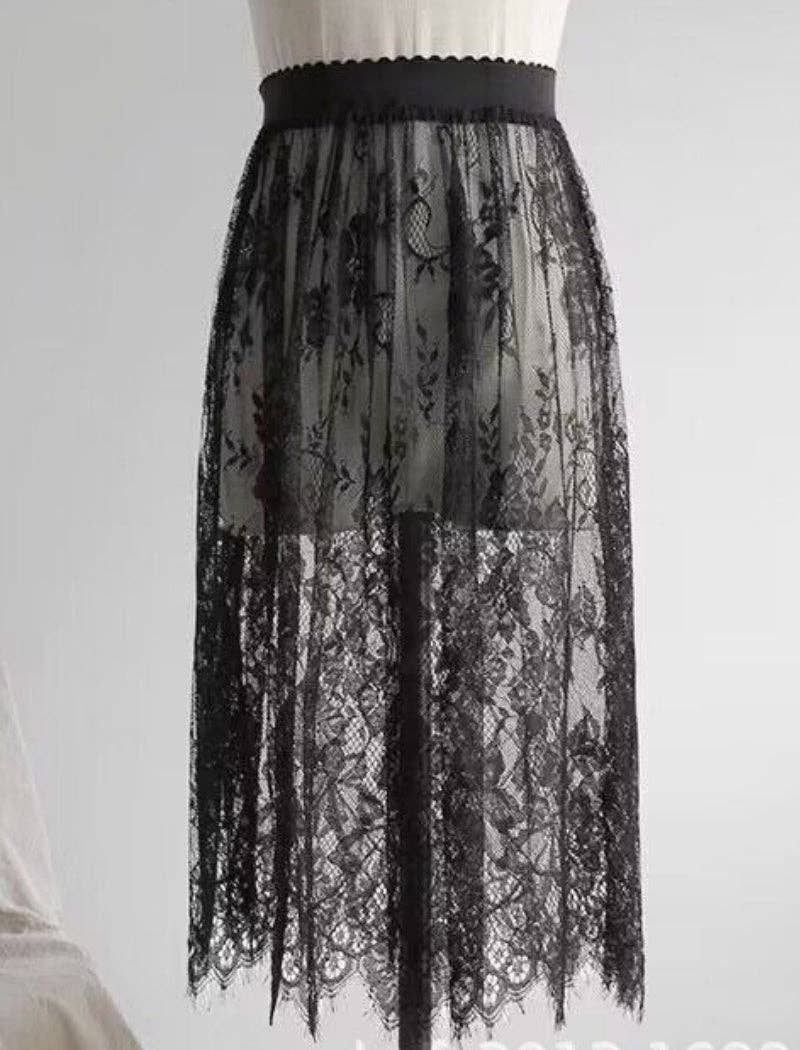 safistyle - Wholesale Skirt - Women's - Sheer Lace Overlay Midi Skirt0