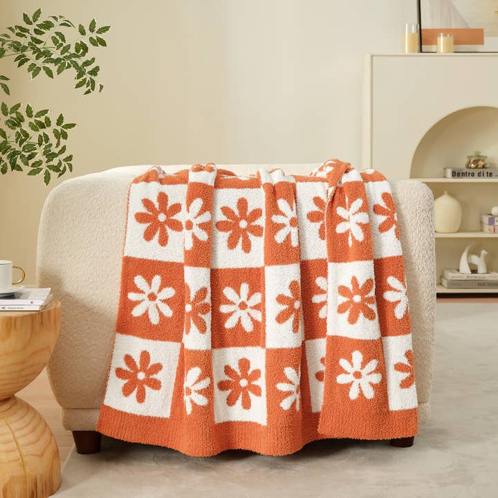 DreamValley - Wholesale Throw Blanket - SS Checkered Floral Throw Blanket Reversible Knitted Throw15
