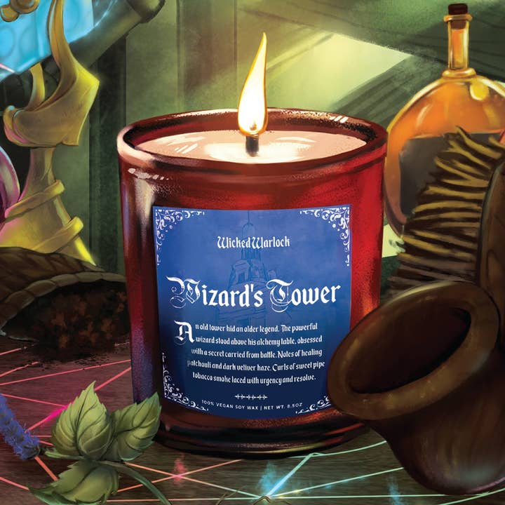 Wizard's Tower - Patchouli, Vetiver, Pipe Tobacco 8oz Candle for wholesale by Wicked Warlock
