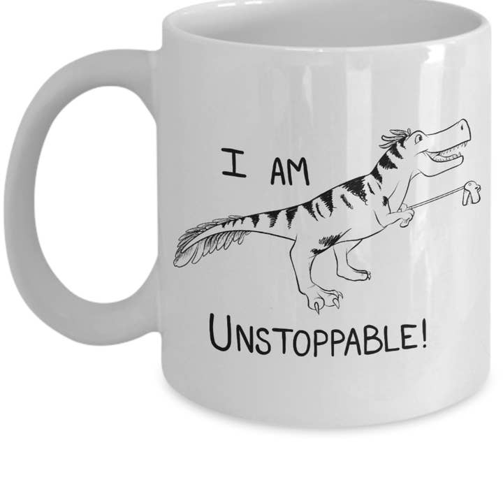 Tasse „Unstoppable Dinosaurier“, lustiger T-Rex mit Federn für den Großhandel von Sharptooth Snail