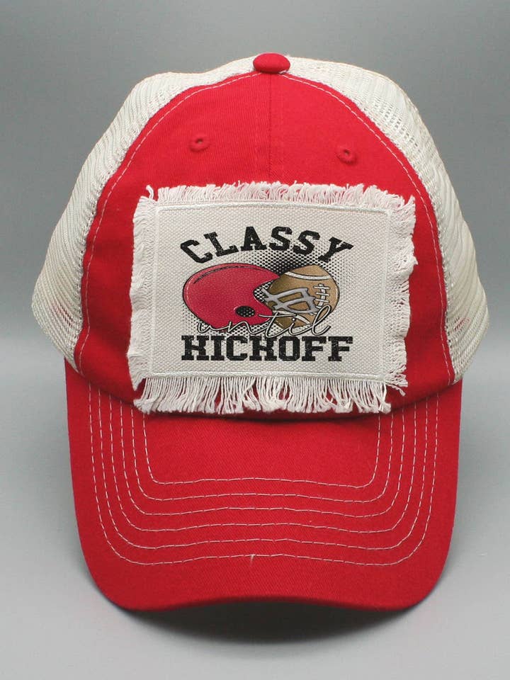 Red Classy Until Kickoff Football Gameday Fall Patch Hat for wholesale by Cali Boutique Wholesale