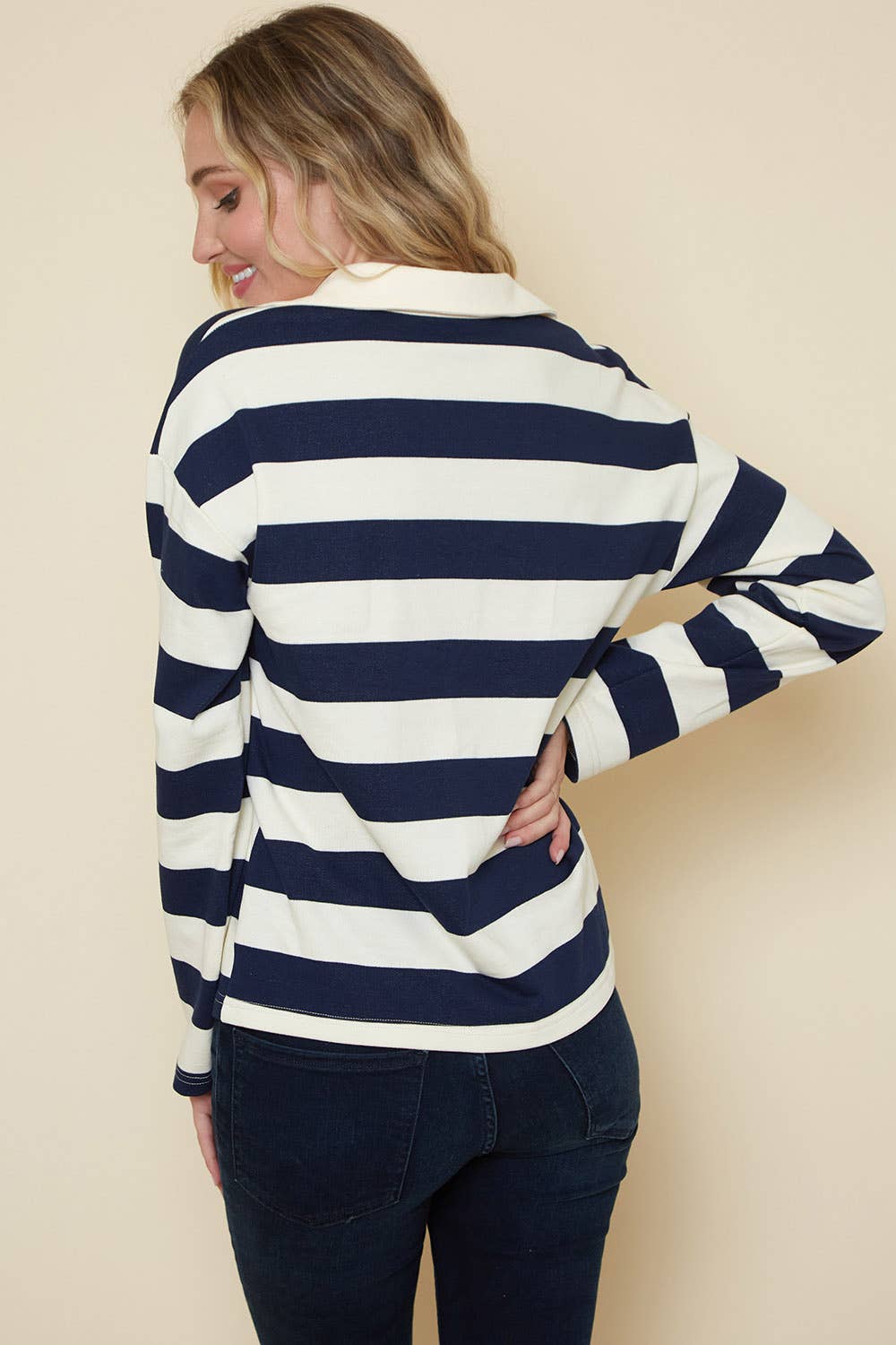 Saints & Hearts - Wholesale Knit Top - Women's - SIT3581B CREAM NAVY COTTON YARN DYE RUGBY TOP2