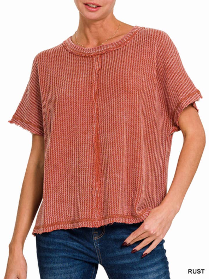 Rust - Washed Waffle Short Sleeve Top for wholesale by Tipsy Cowpoke