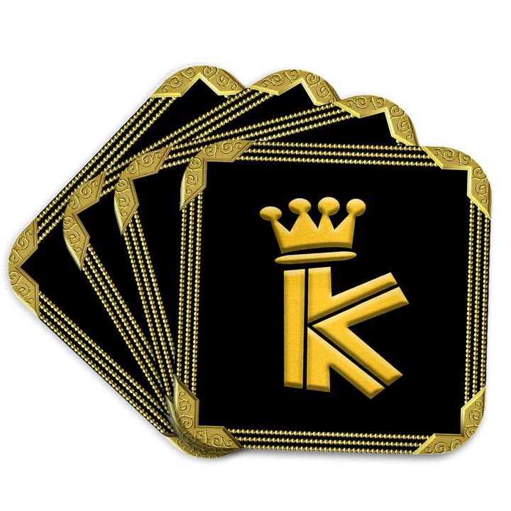 3dRose - Wholesale Coasters - 3dRose, King, queen crown, rich frame. Yellow on black. Alluring letter K, Coaster7
