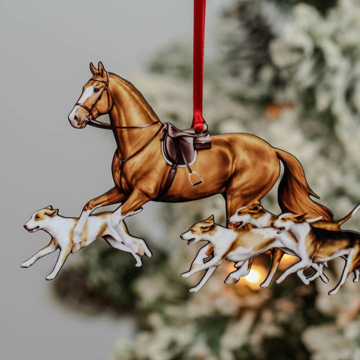 Classy Equine - Wholesale Ornament - Chestnut Fox Hunter Horse & Hound Field Hunter Ornament II3