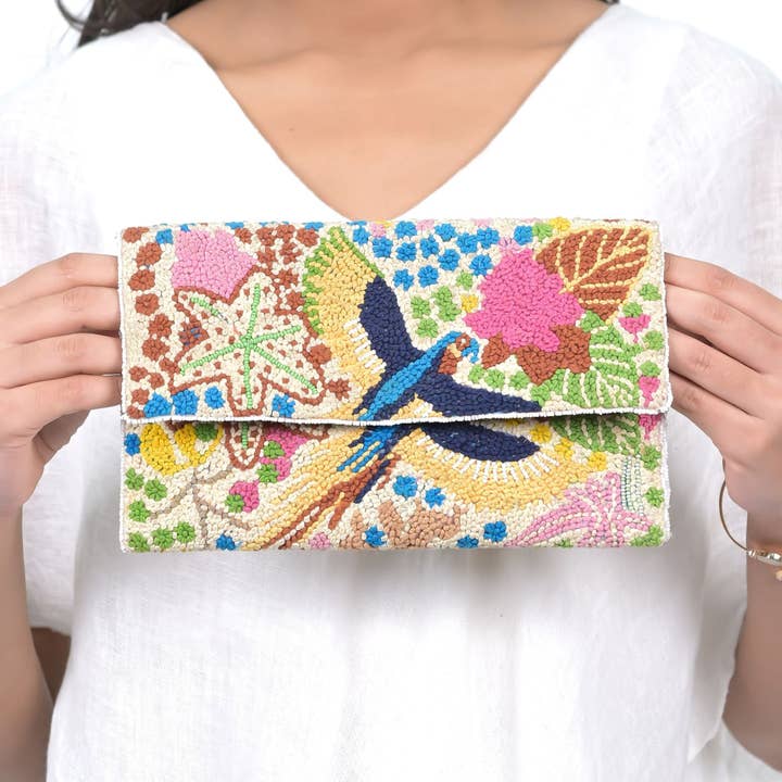 AMAZON FOREST EMBROIDERED CLUTCH - CREAM for wholesale by Vismaya - A Brand by Shivani LLC