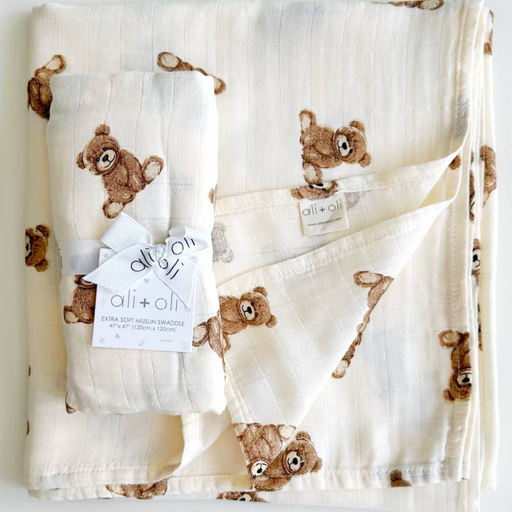 Ali+Oli - Wholesale Swaddle - Baby - Bamboo Muslin Swaddle Blanket (Teddy Bear)