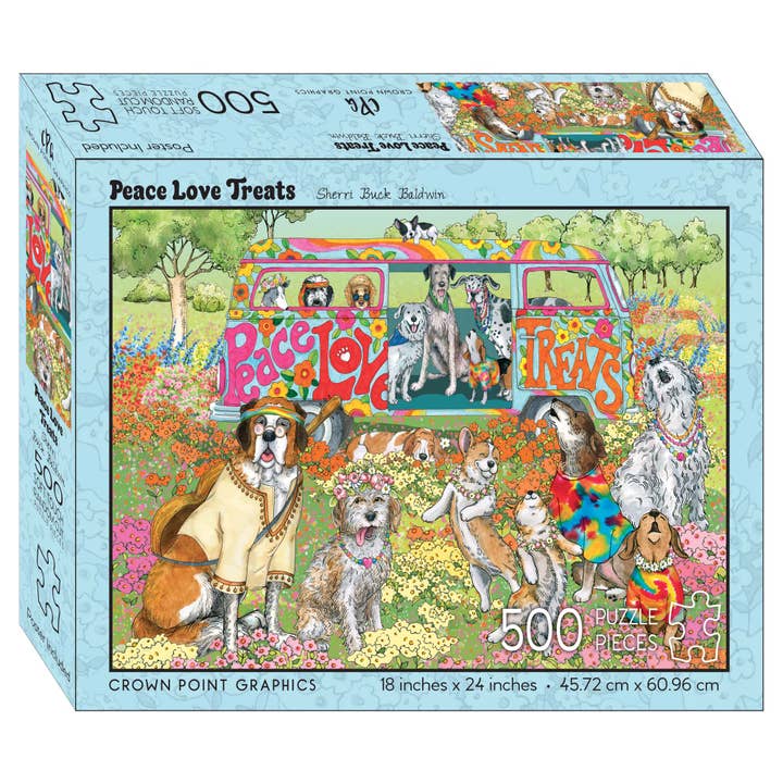 Peace Love Treats 500 piece jigsaw puzzle for wholesale by Crown Point Graphics