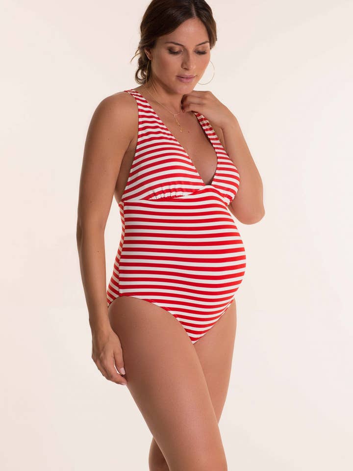 MARINA Knitted Striped Swimsuit Red for wholesale by Pez D'Or