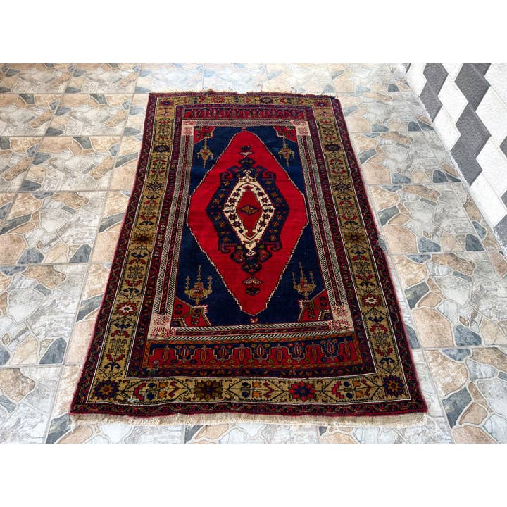 Vintage Vloerkleed Handgemaakt Wol Tapijt Tribaal Rood 4x6 voor wholesale door Oushak Rugs