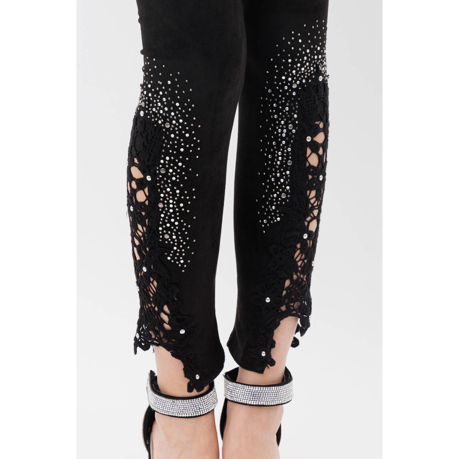 VOCAL - Wholesale Fashion Leggings - Women's - SUEDE LEGGINGS WITH CROCET LACE RHINESTONE3