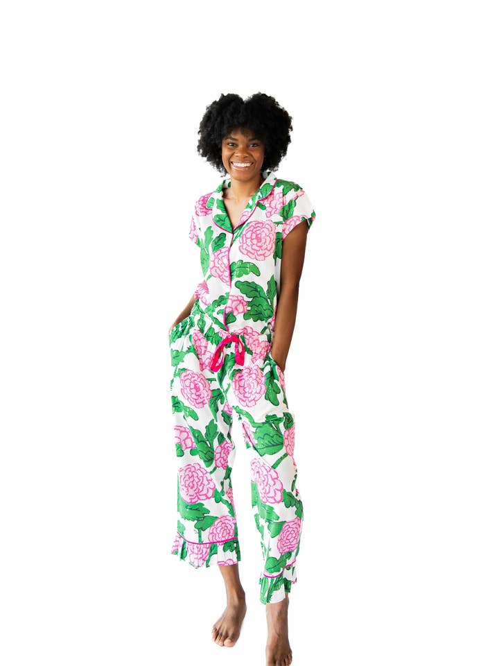 Ophelia Luxe Sateen Capri Pajama Set - Pink & Green for wholesale on Faire