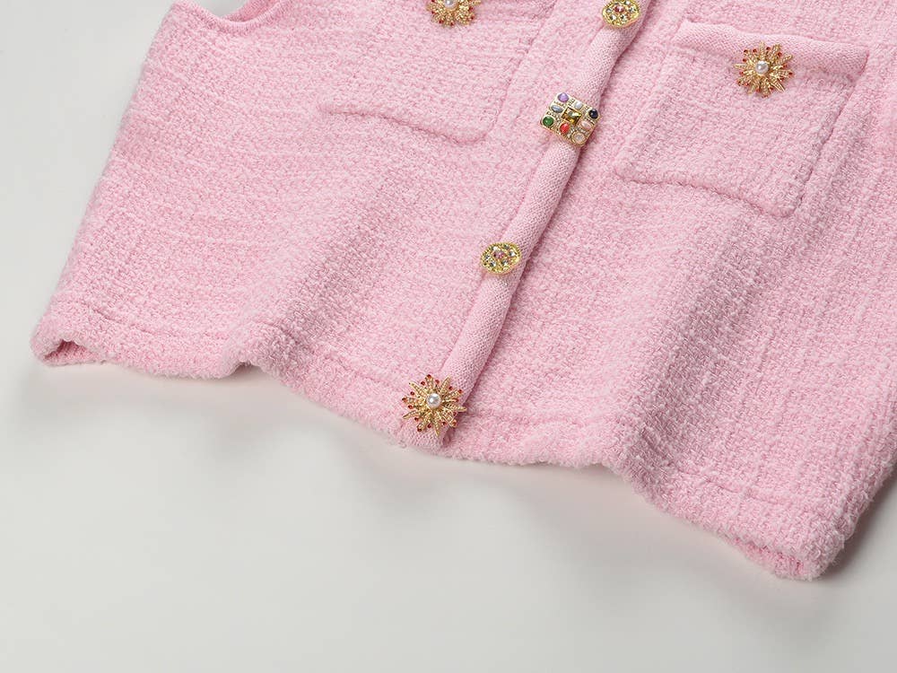 Productseeker – Großhandel Set aus Oberteil und Rock – Damen – SET45Y Tweed-Strick-Set mit kurzem Oberteil und Rock in Diamantknopf-Design13