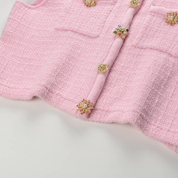 Productseeker – Großhandel Set aus Oberteil und Rock – Damen – SET45Y Tweed-Strick-Set mit kurzem Oberteil und Rock in Diamantknopf-Design13