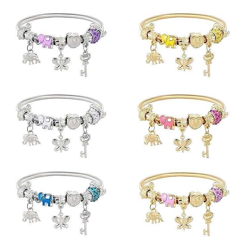 Diacly - Wholesale Charm/Dangle Bracelet - 12pk Elephant Butterfly Key Charm Pearls Bangle Bracelet1
