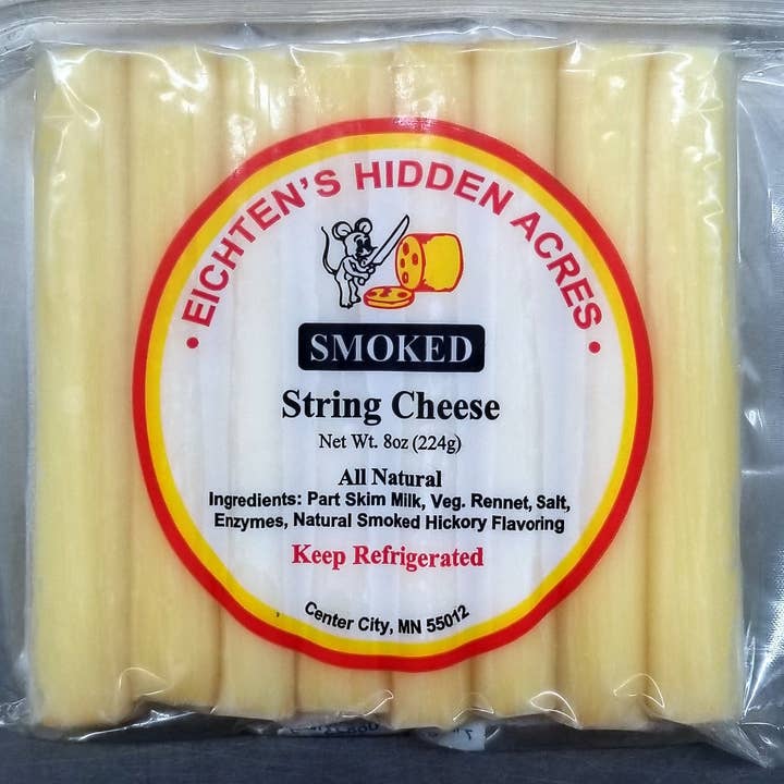 Smoked String Cheese, Smoked 8 oz Package for wholesale by Eichtens Cheese