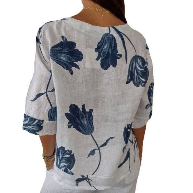 pinkblu02 – Engroshandel Bluse - Dame – Casual blomsterprintet bomuldslinned damebluse4