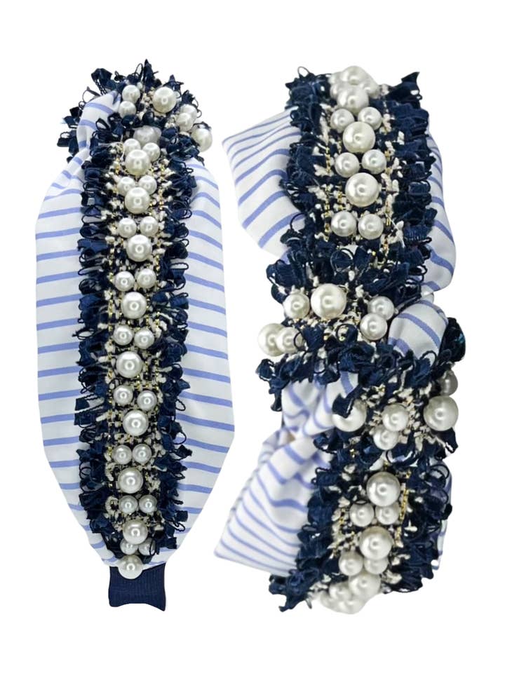 Blue and white stripe with pearl trim for wholesale by Pretty Happies