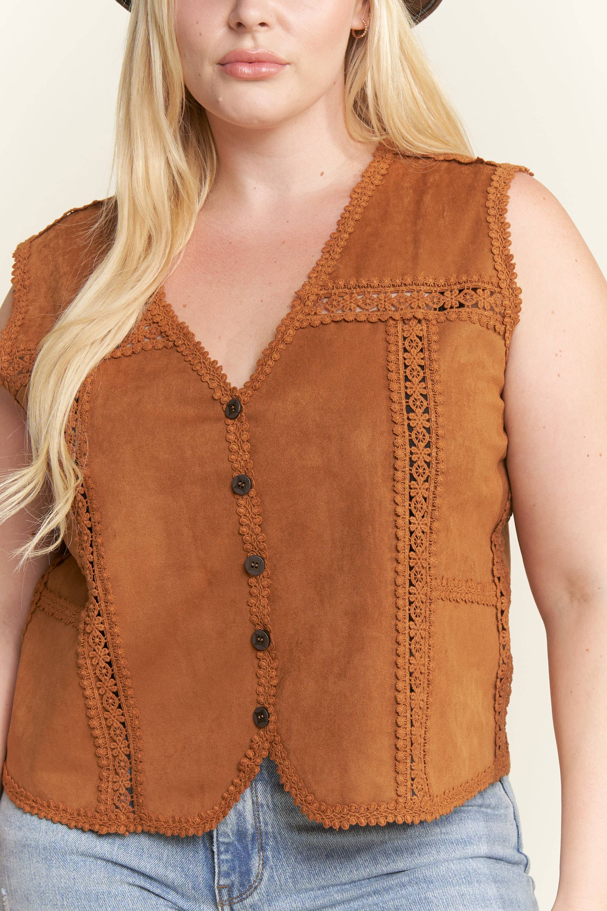 JADE BY JANE PLUS - Wholesale Outerwear Vest - Women's - PLUS SIZE SUEDE VEST WITH LACE TRIM10
