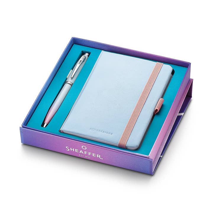 Sheaffer Gift Set ft. Expressions 100 9376 Blue and Pink Pearlised Gradient Ballpoint Pen with Chrome-plated Trims and Small Notebook for wholesale by Sheaffer Pens